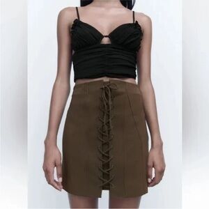 NWT ZARA TIED MINI SKIRT Lace-Up Brown Skirt size Medium